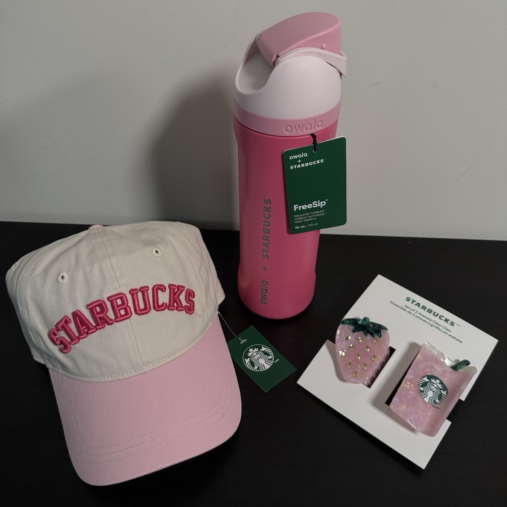 Starbucks Pink Drink Collection Bundle Owala FreeSip 24oz, Hair Claw Clips & Hat